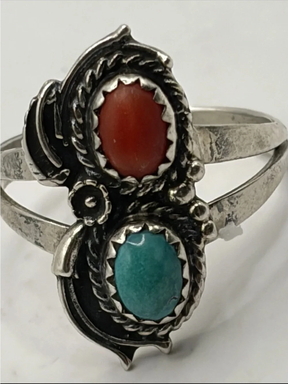 VTG Signed D. PAUL Navajo 925 Silver Turquoise Coral Bypass Ring 7.5